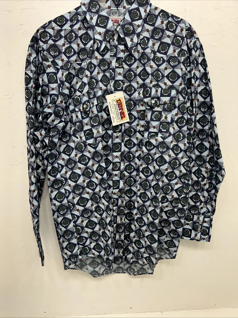 New Mens Blue Flower Denver Westerns Pearl Snap Long Sleeve Shirt. 15.5x33 G-75
