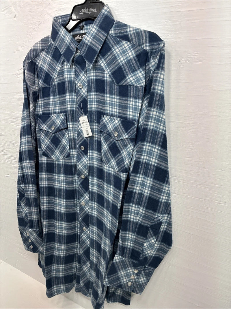 New Men’s White Horse Blue Plaid Long Sleeve Pearl Snap Large V-51