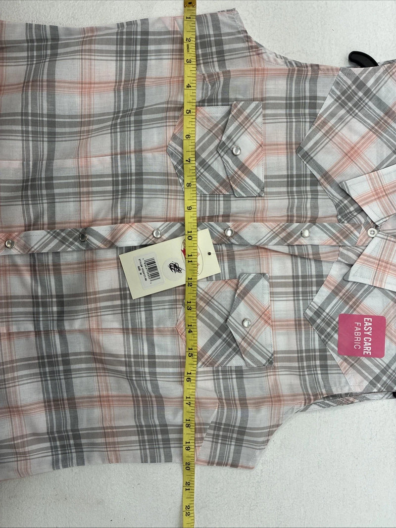 New Women’s Cumberland Gray Pink Plaid Short Sleeve Pearl Snap Medium LL-106