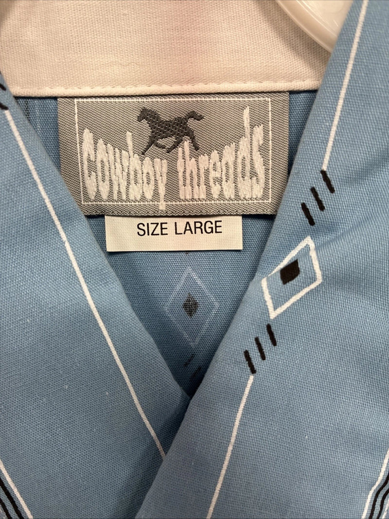 New Men’s Cowboy Threads Blue White design Short Sleeve Button Up Large Q-73