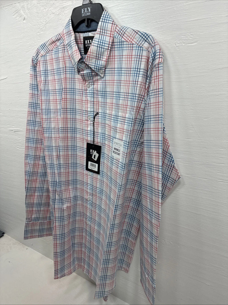 New Men’s ELY Cattleman White Multicolor Plaid Long Sleeve Button Up Large Q-21