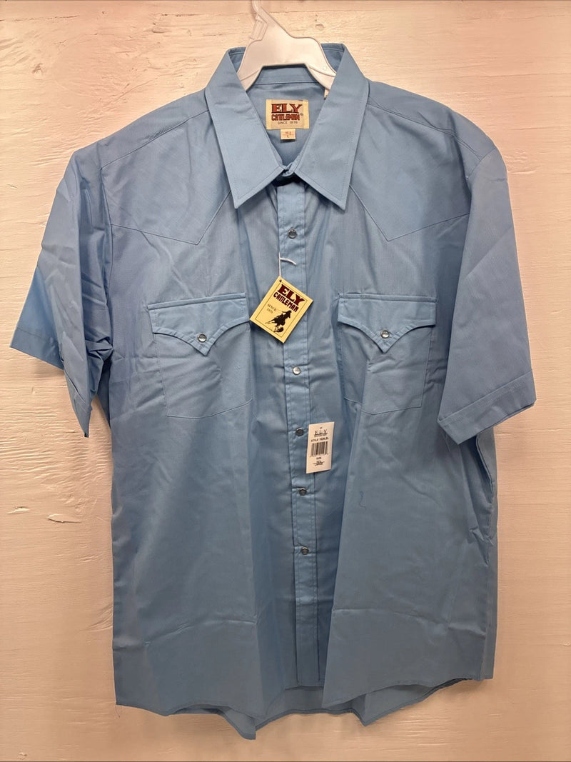 New Men’s ELY Cattleman Western Blue Short Sleeve Pearl Snap 16.5 Large X-18