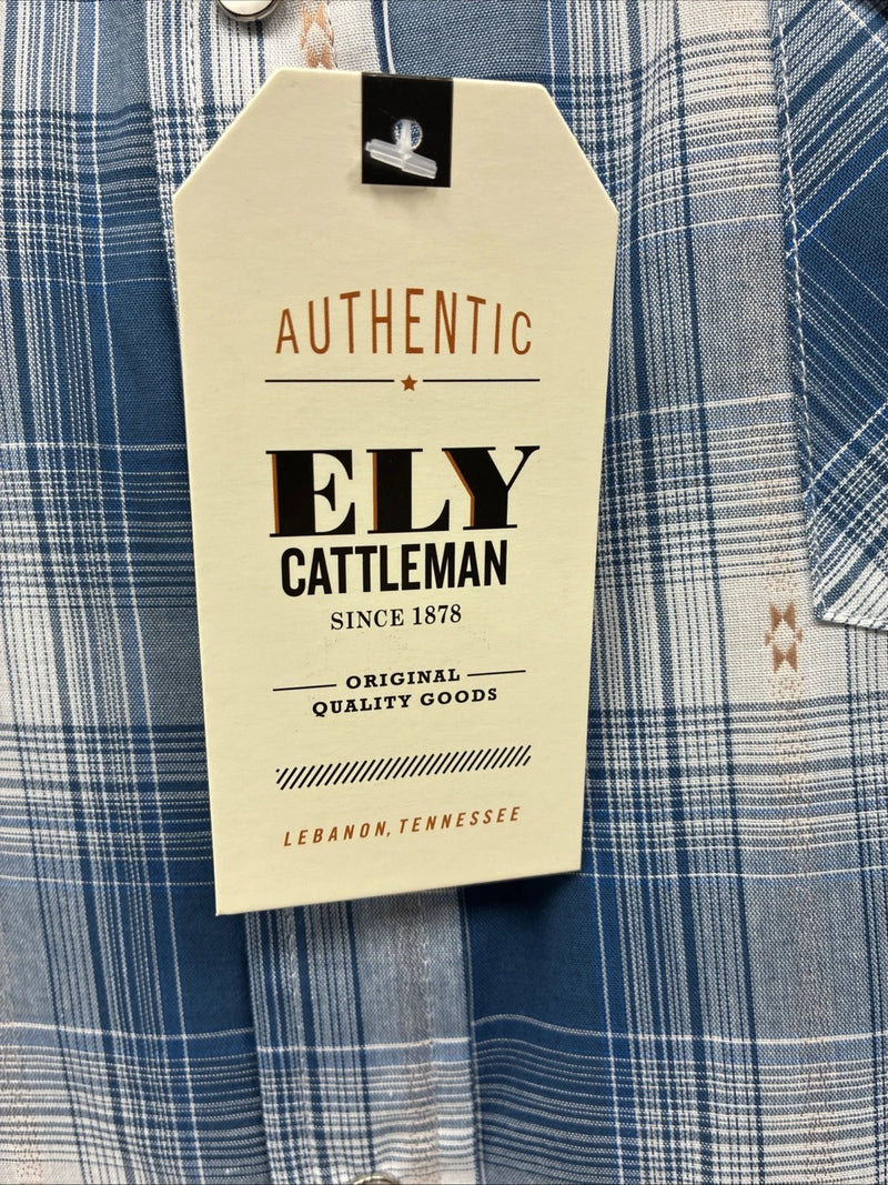 New Men’s ELY Cattleman Blue White Plaid Long Sleeve Pearl Snap XL T-44