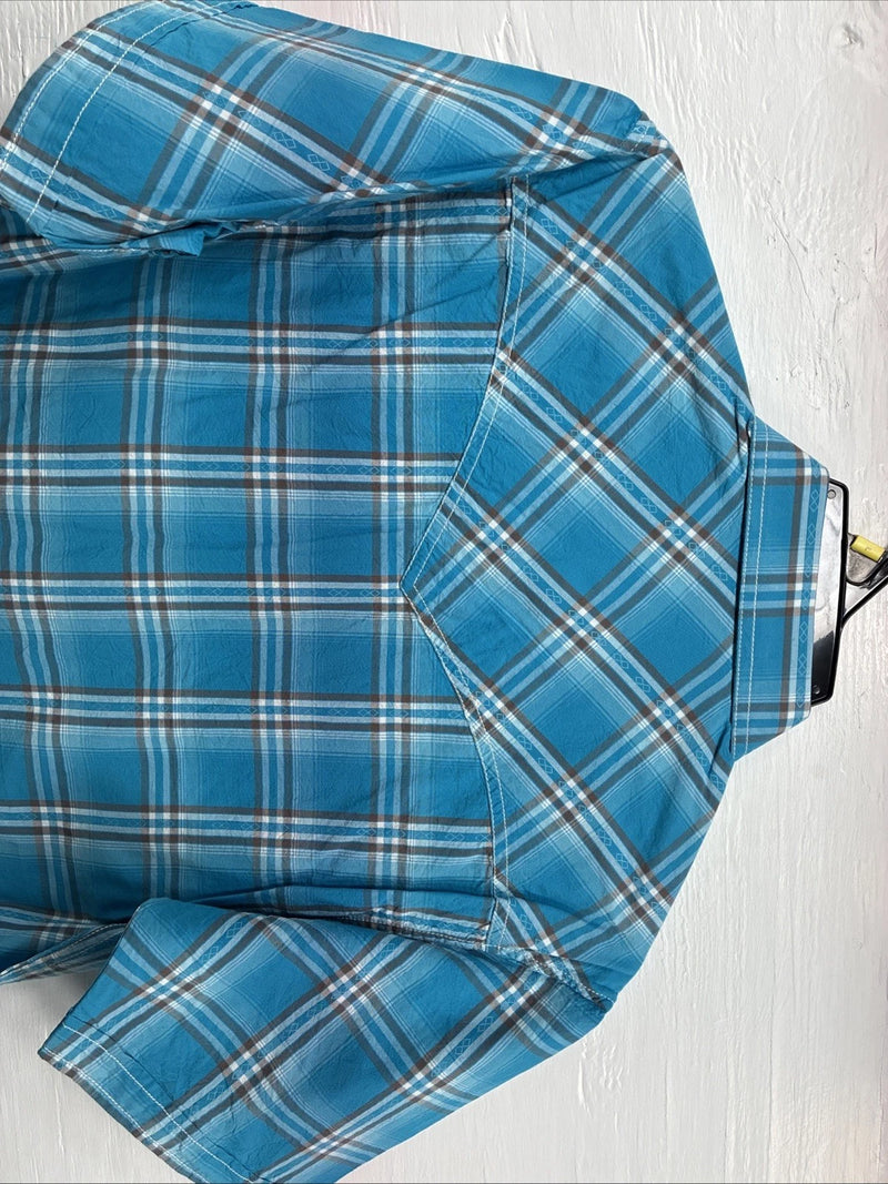 New Men’s ELY 1878 Blue Plaid Short Sleeve Pearl Snap Large X-32