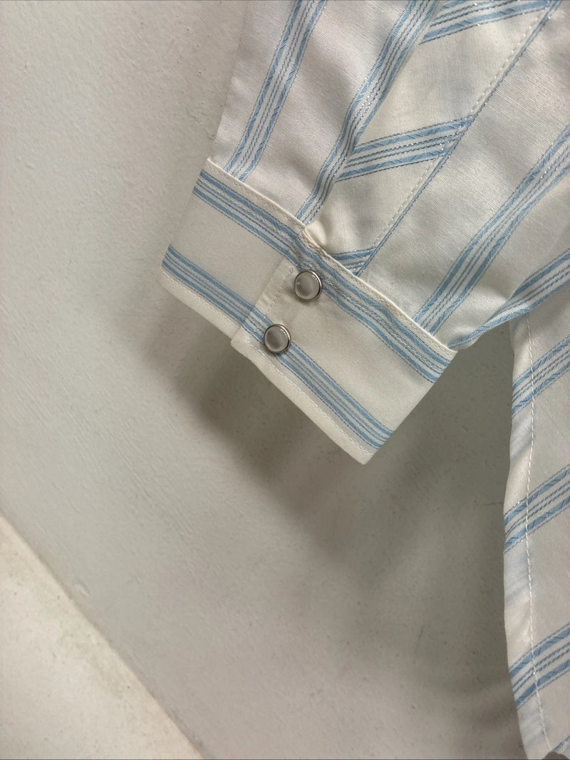 New Women’s White Horse White Blue Stripe Long Sleeve Pearl Snap Large YY-125