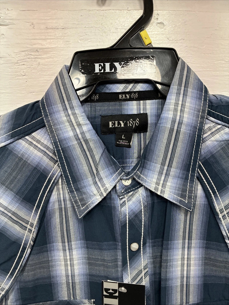 New Men’s ELY 1878 Blue Gray Plaid Long Sleeve Pearl Snap Large V-30 