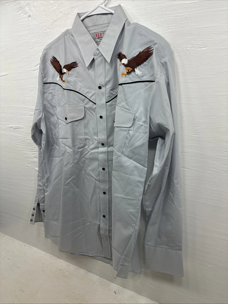 New Men’s ELY Diamond Gray Eagle Design Long Sleeve Pearl Snap Large CC-64