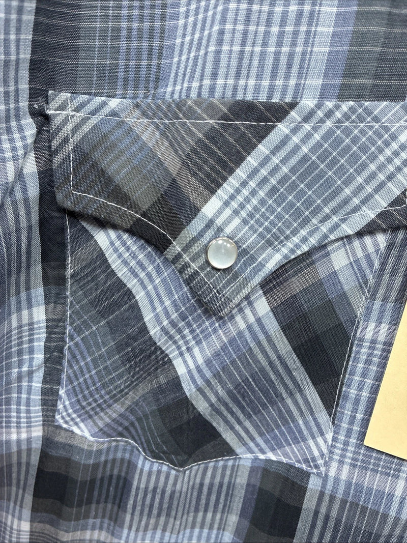 New Men’s ELY Cattleman Gray Blue Plaid Long Sleeve Pearl Snap Large Q-54