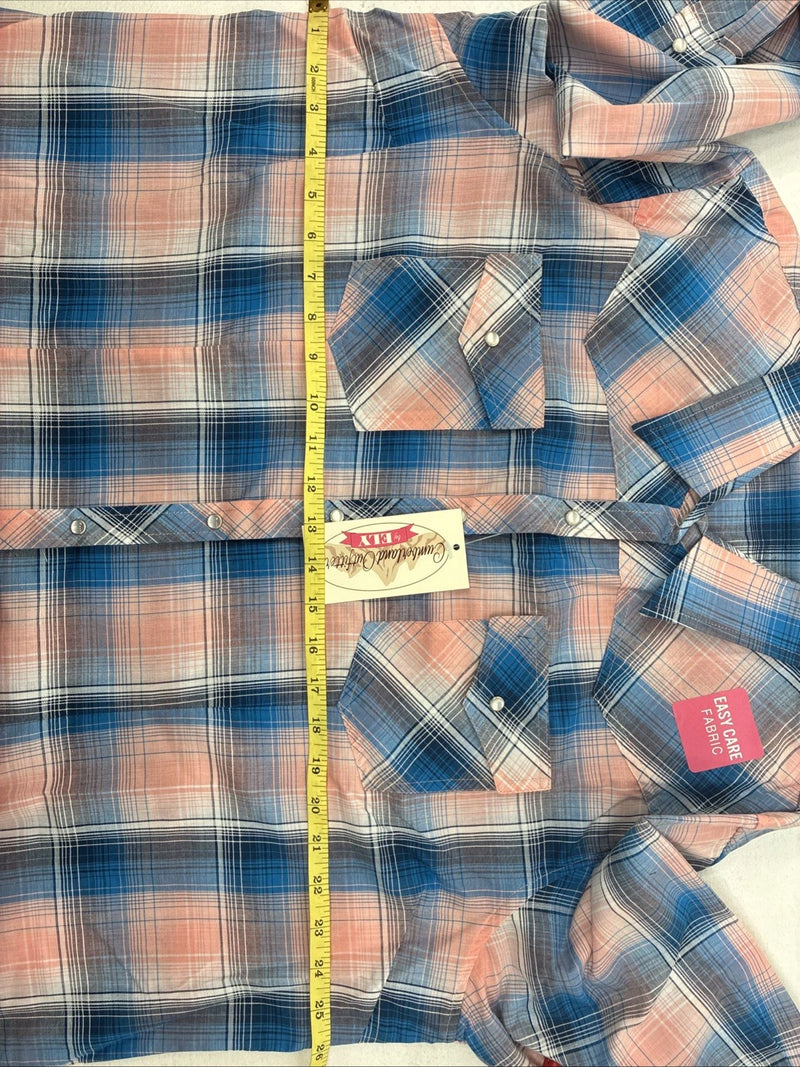 New Women’s Cumberland Pink Blue Plaid Long Sleeve Pearl Snap 2XL GG-80