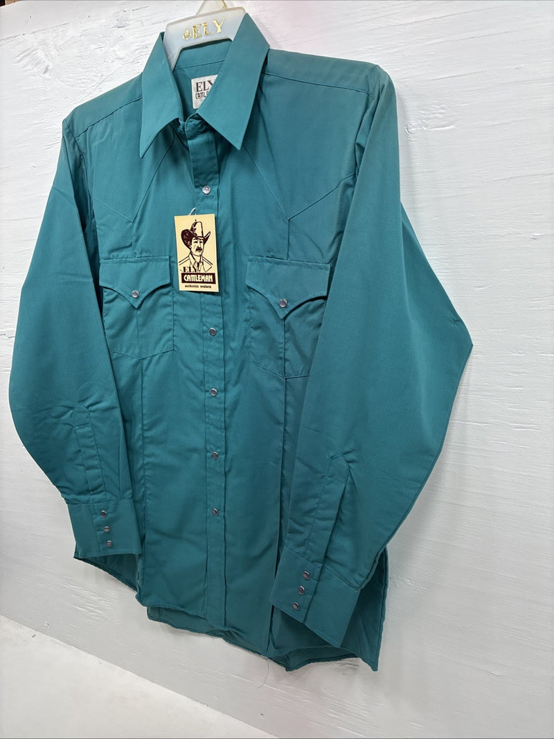 New Men’s ELY Cattleman Teal Simple Long Sleeve Pearl Snap Medium J-92
