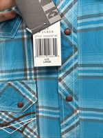New Men’s ELY 1878 Blue Plaid Short Sleeve Pearl Snap Large X-32