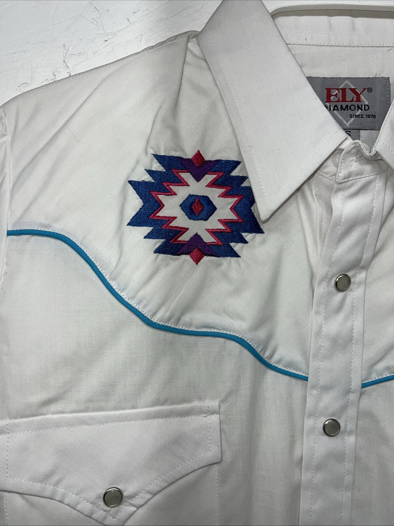 New Men’s ELY Diamond White Long Sleeve Pearl Snap Small A-203