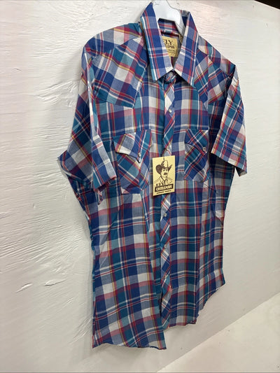 New Men’s ELY Cattleman Purple Plaid Short Sleeve Pearl Snap Medium CC-15