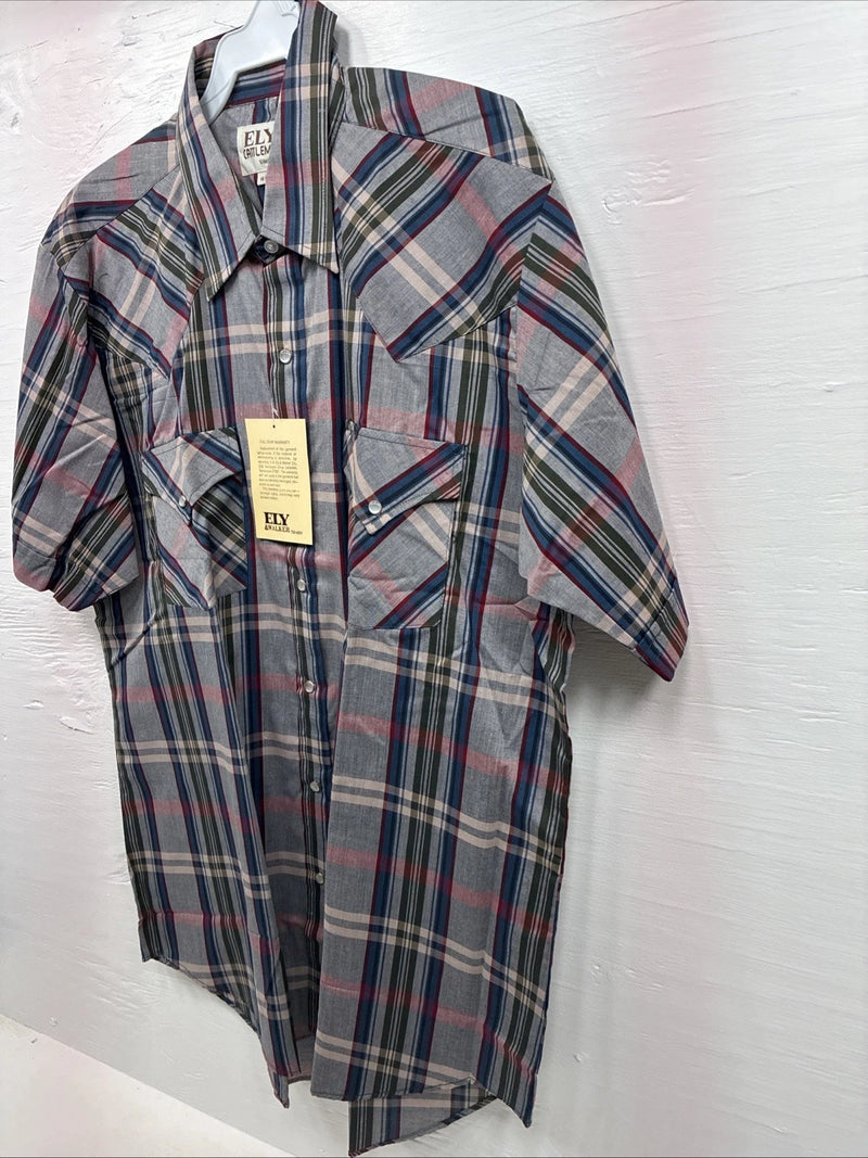 New Men’s ELY Cattleman Multicolor Plaid Short Sleeve Pearl Snap 16.5 Large Q-30