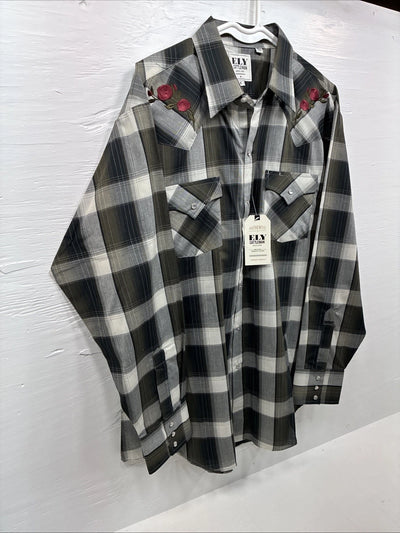 New Men’s ELY Cattleman Green Rose Design Plaid Long Sleeve Pearl Snap XL H-79