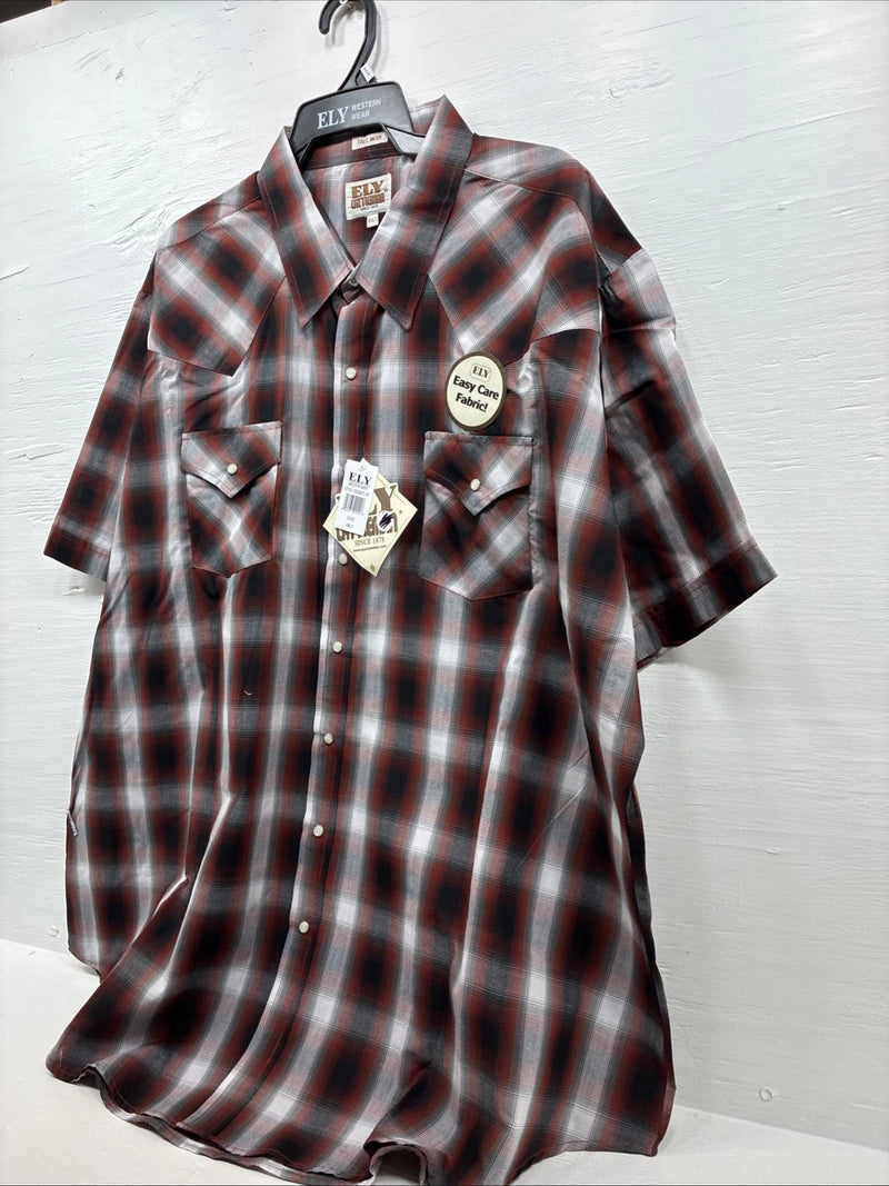 New Men’s ELY Cattleman Orange Red Flannel Short Sleeve Pearl Snap 4XL E-65