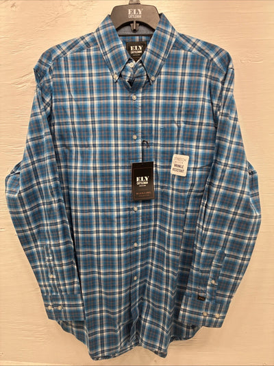 New Men ELY Cattleman Blue Paid Long Sleeve Button Up Medium J-88
