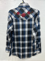 New Emma ELY Cattleman Blue Gray Plaid Long Sleeve Pearl Snap Large AA-16
