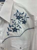 New Men’s ELY Cattleman White Blue Embroidered Long Sleeve Pearl Snap XL H-88