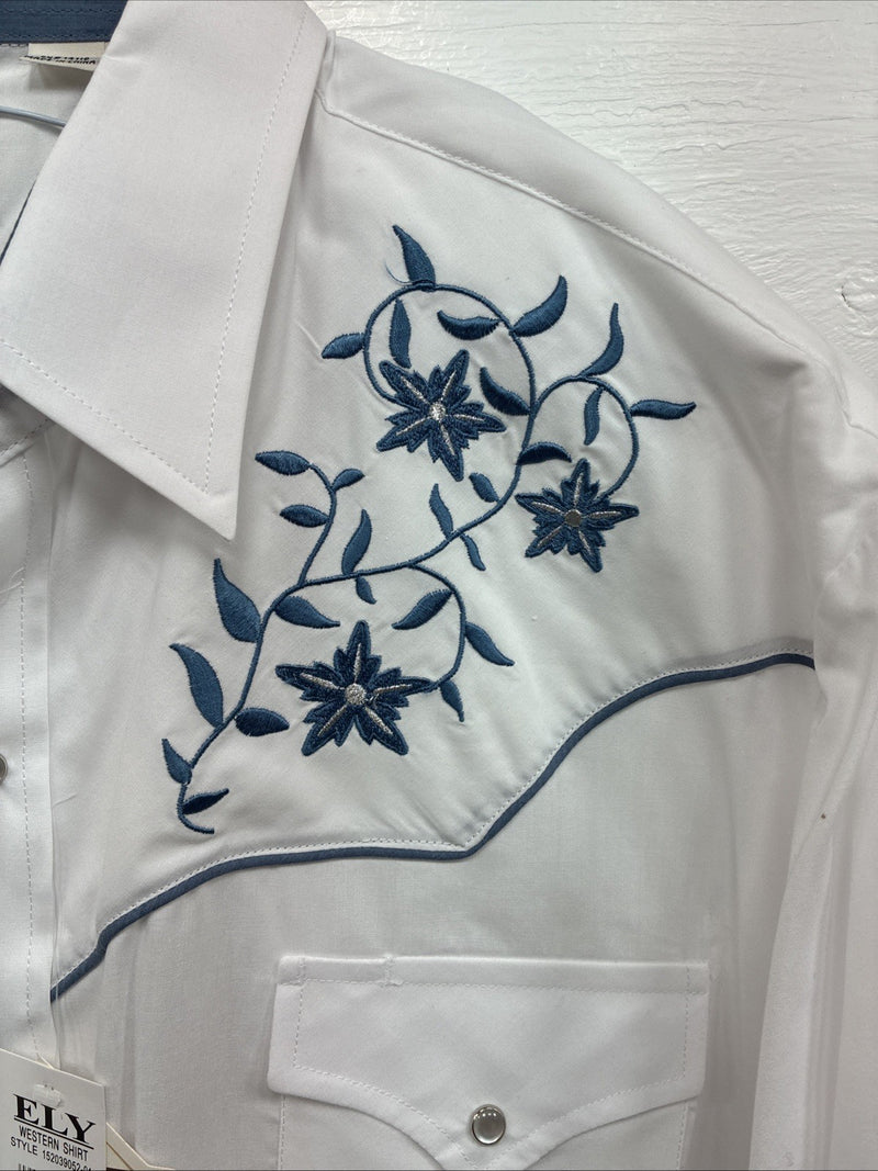 New Men’s ELY Cattleman White Blue Embroidered Long Sleeve Pearl Snap XL H-88
