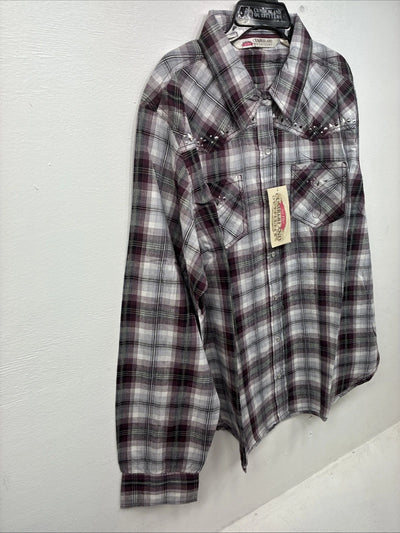 New Women’s Cumberland Purple Plaid Long Sleeve Pearl Snap 2XL GG-32