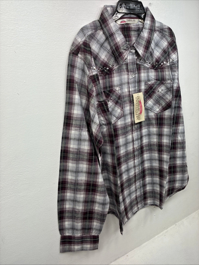 New Women’s Cumberland Purple Plaid Long Sleeve Pearl Snap 2XL GG-32