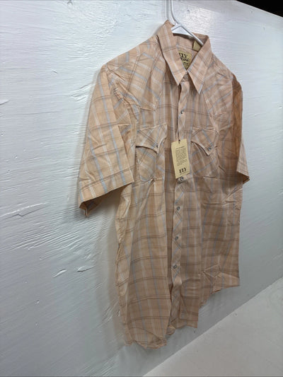 New Men’s ELY Cattleman Orange Plaid Short Sleeve Pearl Snap Large X-61