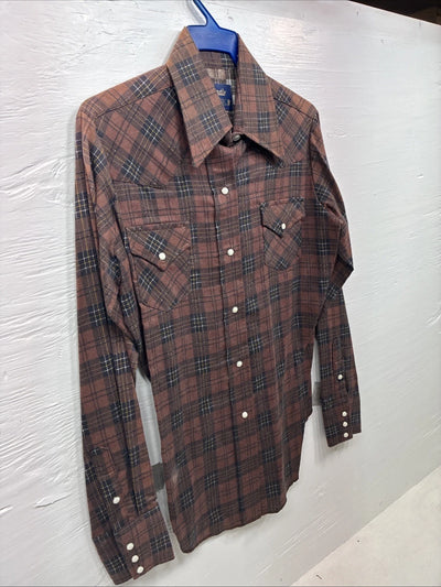 New Kids Panhandle Slim Brown plaid Long Sleeve Pearl Snap Size 12 CC-82