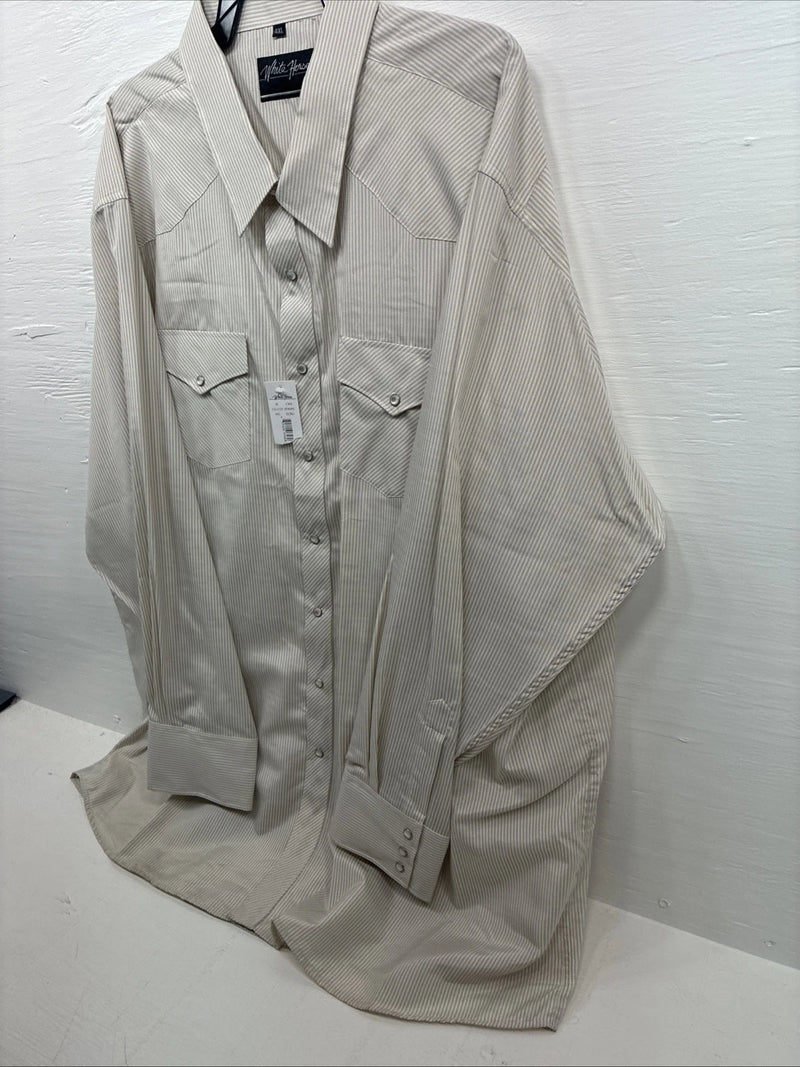 New Men’s White Horse Beige Stripe Long Sleeve Pearl Snap 4XL F-50