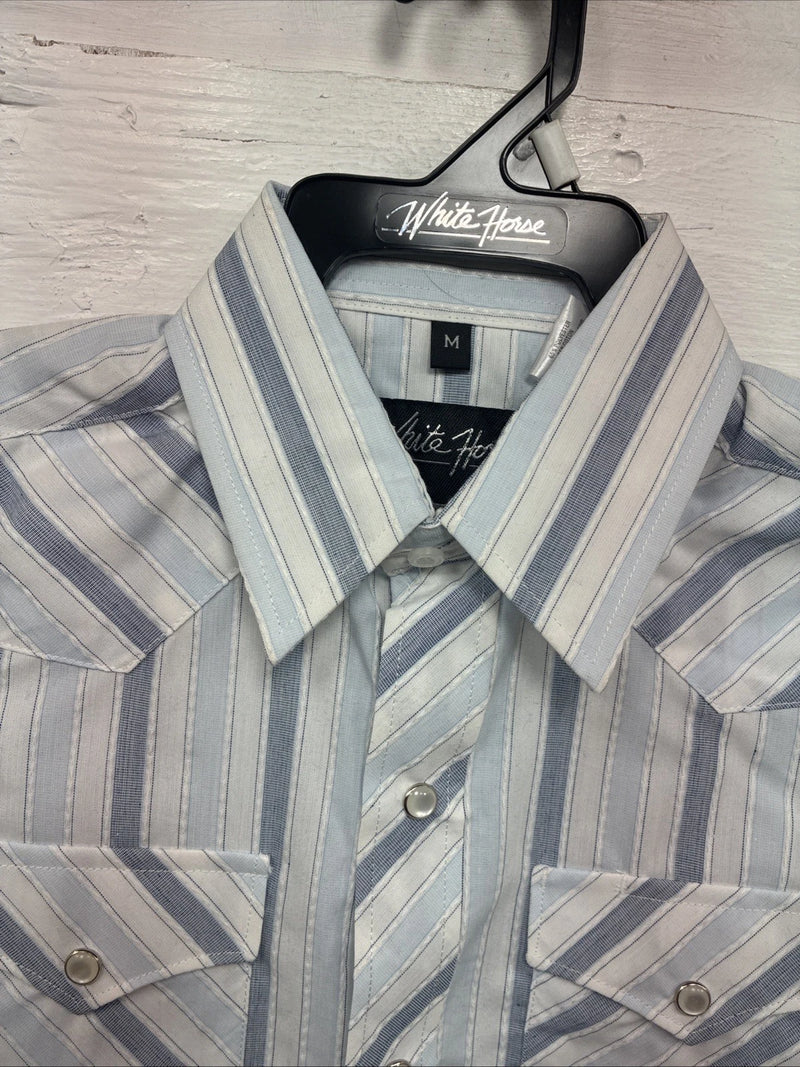 New Kids White Horse Blue Stripe Long Sleeve Pearl Snap Medium DD-35