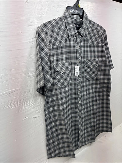 New Men’s White Horse Gray White Plaid Short Sleeve Pearl Snap Large X-39