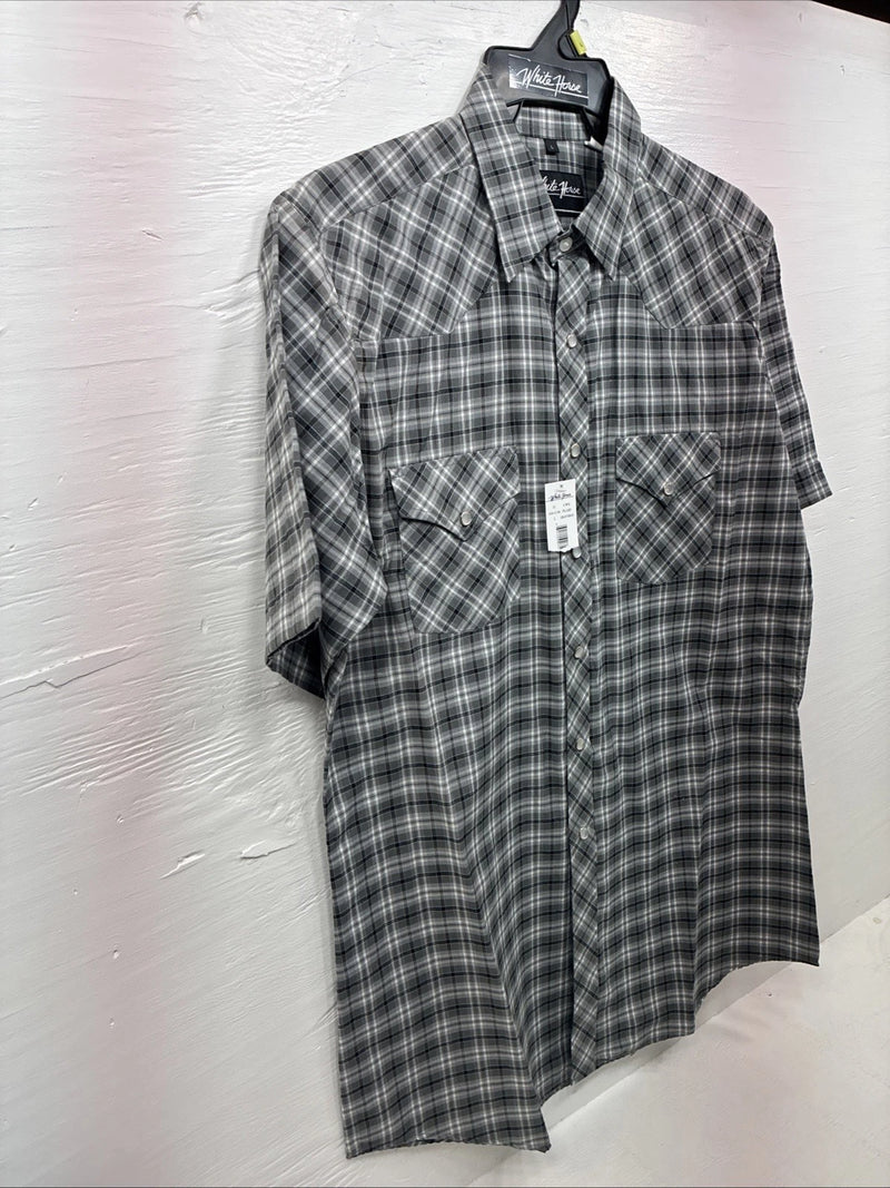 New Men’s White Horse Gray White Plaid Short Sleeve Pearl Snap Large X-39