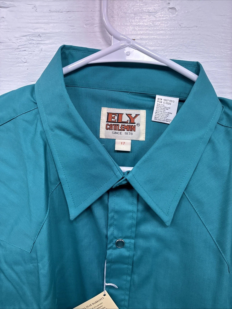 New Men’s ELY Cattleman Teal Short Sleeve Pearl Snap 17 XL M-41