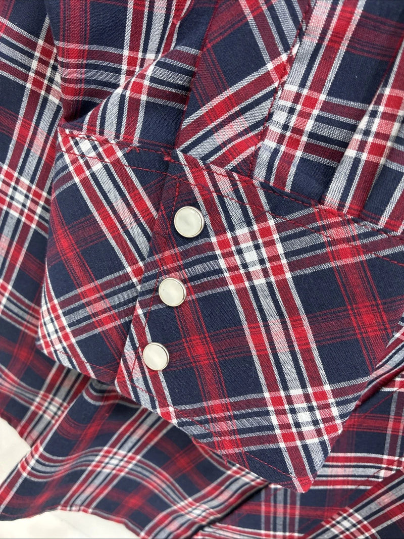 New Men’s White Horse Red Navy Blue Plaid Long Sleeve Pearl Snap XL H-78