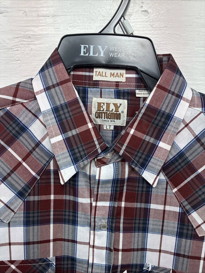 New Men’s ELY Cattleman Red White Plaid Short Sleeve Pearl Snap Large Tall X-66