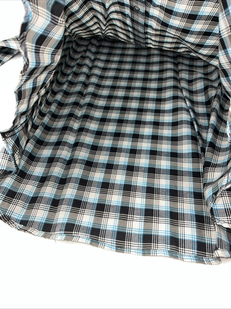 New Men’s Blue Black Plaid White House Long Sleeve Pearl Snap Shirt. Large P-46