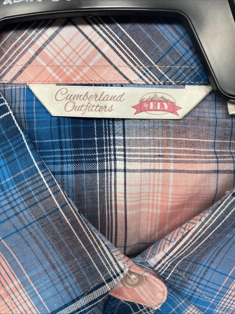 New Women’s Cumberland Pink Blue Plaid Long Sleeve Pearl Snap 1XL Plus GG-68
