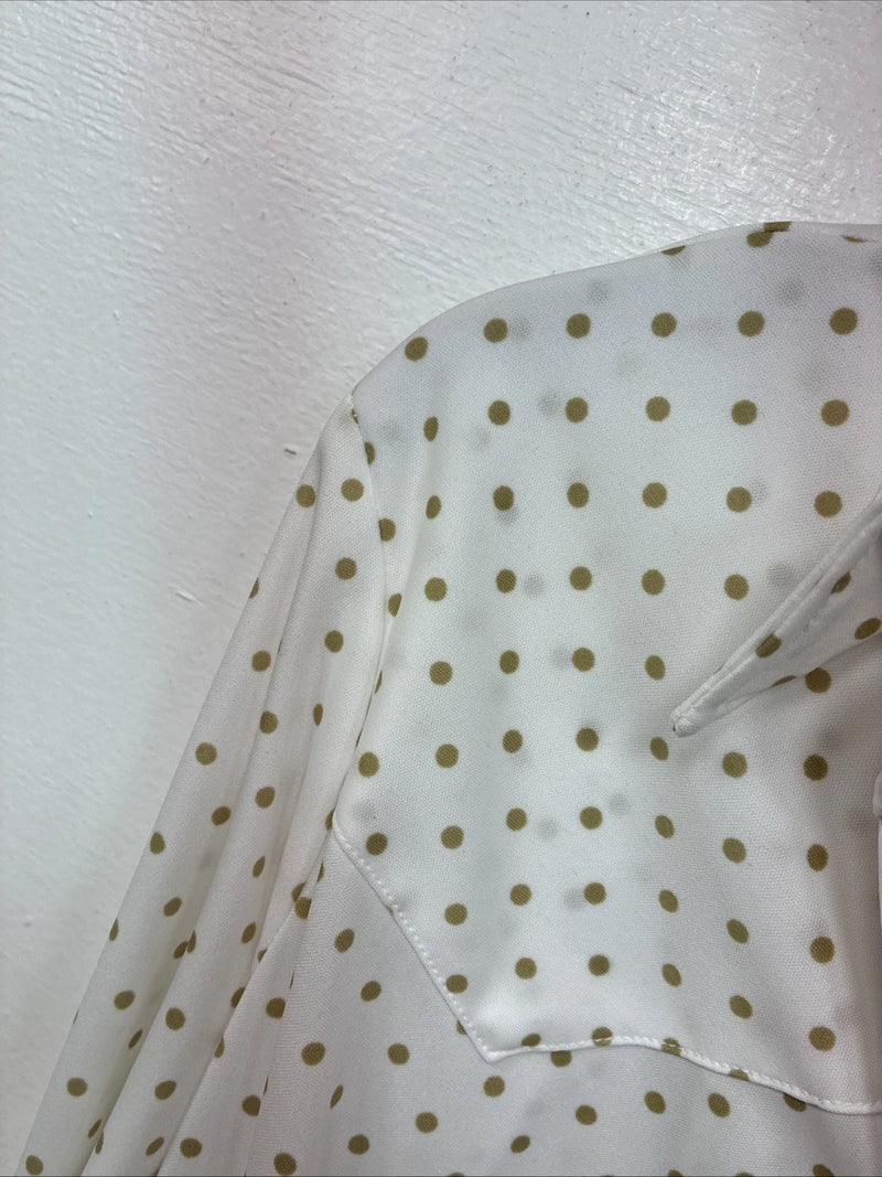New Women’s Lady DJ White Brown Polkadot Long Sleeve Pearl Snap Size 34 YY-114