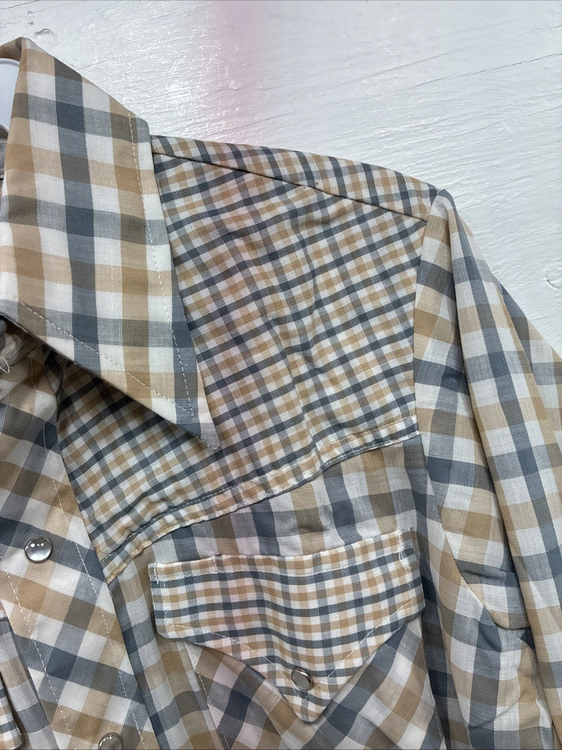 New Men’s Stockman Yellow Grey Plaid Long Sleeve Pearl Snap 14.5 Small X-37