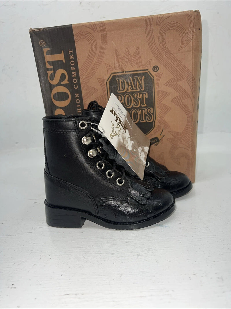 New Infant Dan Post Black Ostrich Print Lace Up Cowboy Boots. 4.5  4 1/2 D. 24-2