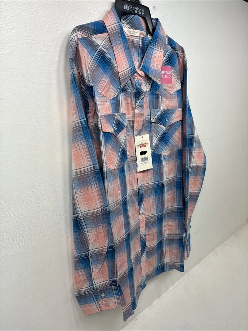 New Women’s Cumberland Pink Blue Plaid Long Sleeve Pearl Snap 3XL GG-47