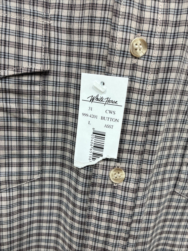 New Men’s White Horse brown Plaid Short Sleeve Pearl Snap Large CC-34