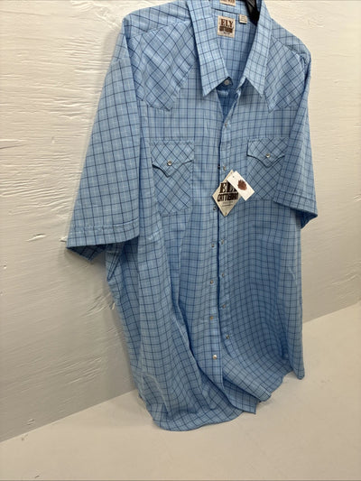 New Men’s ELY Cattleman Blue Short Sleeve Pearl Snap 3XL E-37
