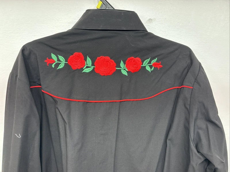 New Women’s Country Charmers Black Rose Long Sleeve Pearl Snap Large II-70