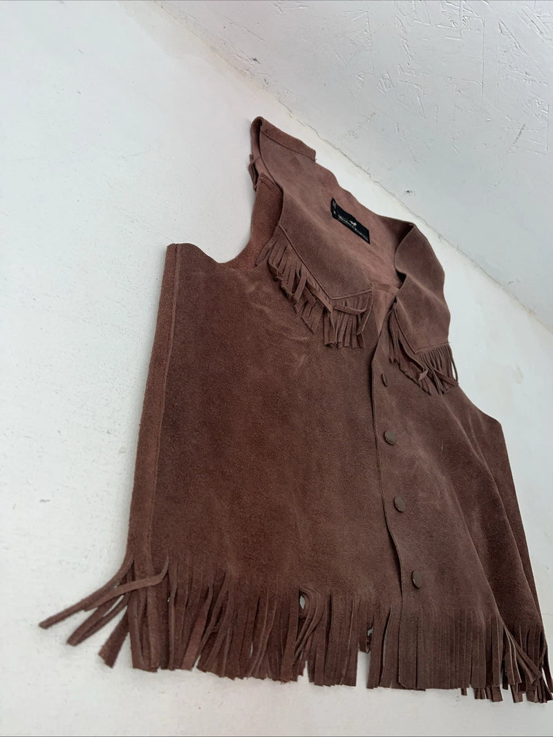 New Women’s Western Express Brown Leather Fringe Vest Large WW-30