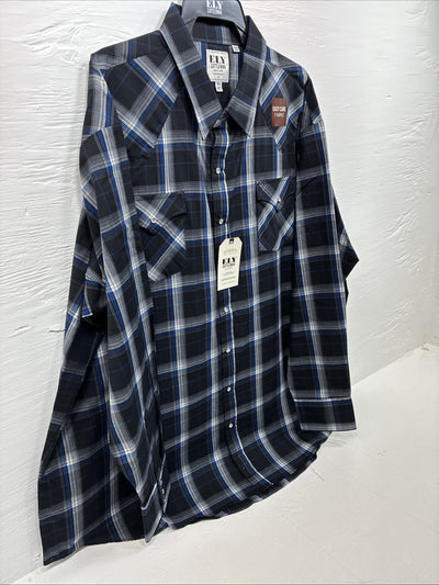 New Men’s ELY Cattleman Black Blue Flannel Long Sleeve Pearl Snap 4XL Tall E-88