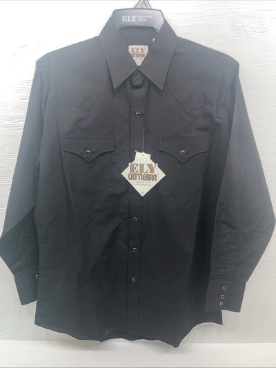 New Men’s ELY Cattleman Black Long Sleeve Pearl Snap 15.5 X 33 Medium B-112