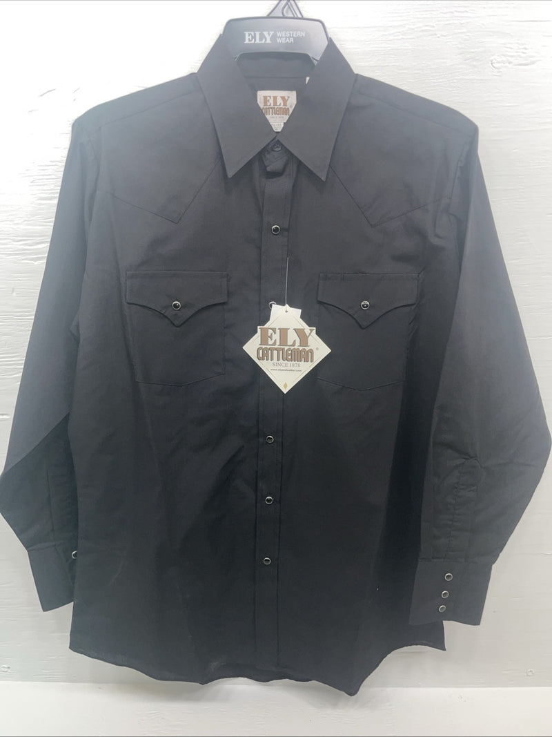 New Men’s ELY Cattleman Black Long Sleeve Pearl Snap 15.5 X 33 Medium B-112