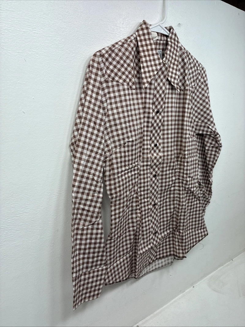 New Women’s Karman Brown Checker Long Sleeve Pearl Snap Size 36 MM-36
