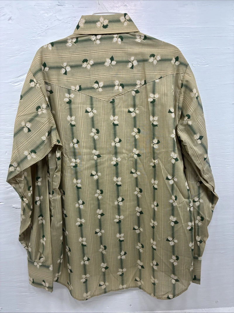 New Men’s ELY Plains Green Tan Floral Long Sleeve Pearl Snap 16.5 Large V-56